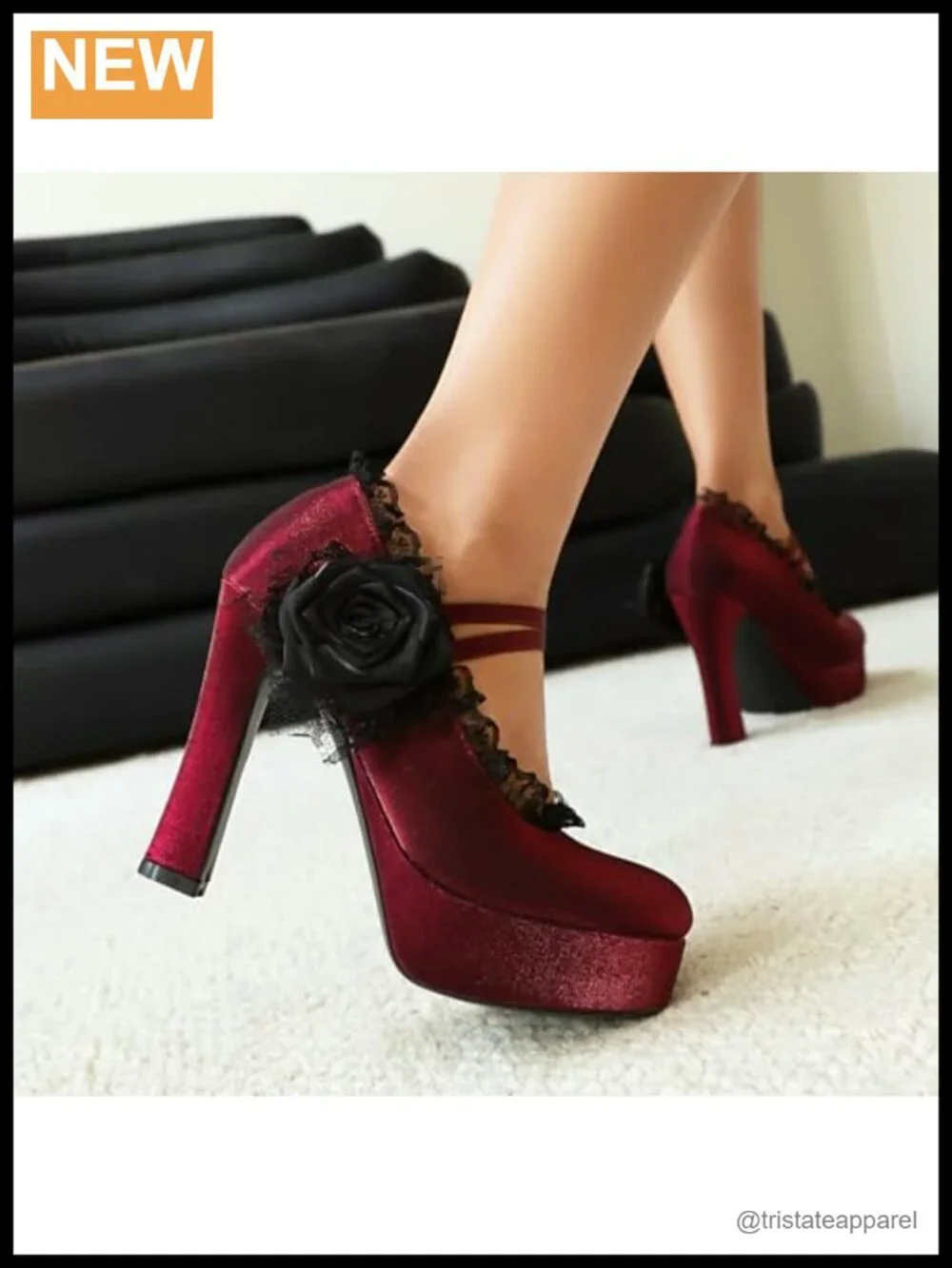 Women's Mary Jane Gothic Platform Pump High Heels Lace Flower Close Round Toe